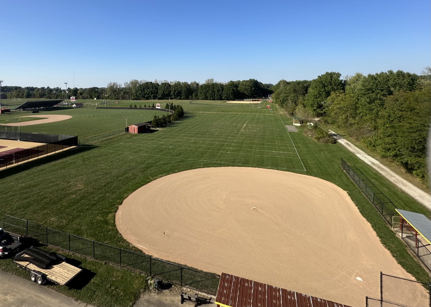 Aerial view of baseball and softball fields maintained by PFL Construction